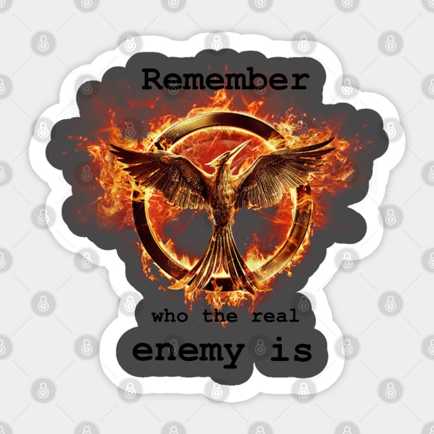 Catching fire: “Remember who the real enemy is” Sticker by Thalionwen Creates